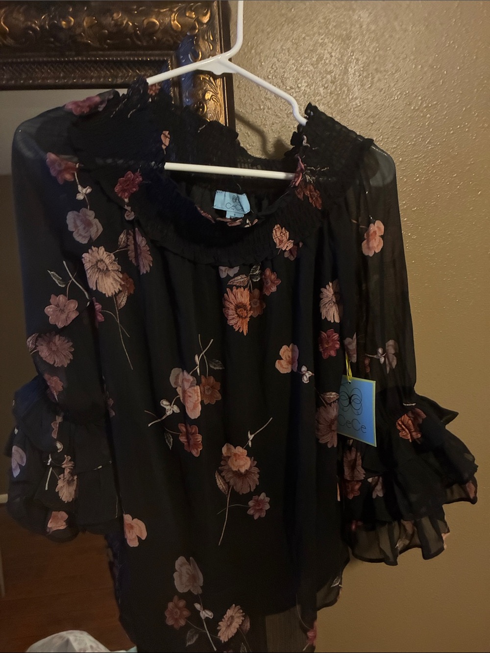 CeCe Black Floral Chiffon Blouse with Pink and Mauve Flowers - Picture 1 of 4
